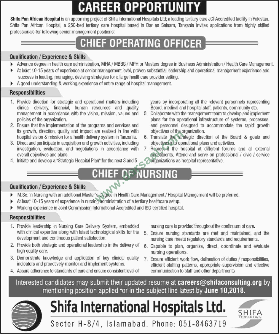 Chief Operating Officer & Chief of Nursing Jobs in Shifa International Hospital, Islamabad 27 May 2018