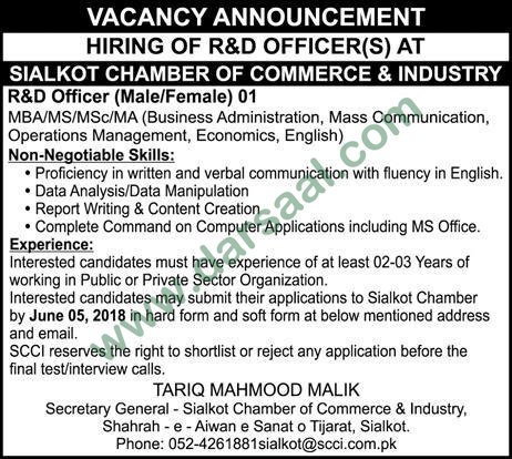 R&D Officer Jobs in Chamber Of Commerce And Industry Sialkot, 27 May 2018