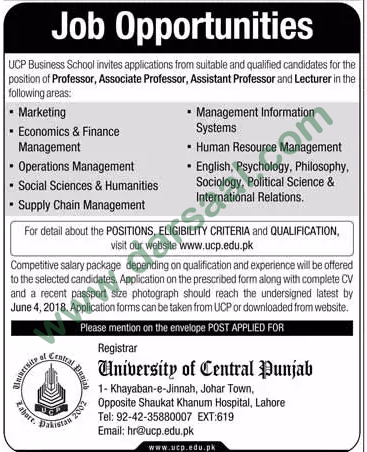 Professor, Associate Professor, Lecturer Jobs in University of Central Punjab, Lahore 27 May 2018