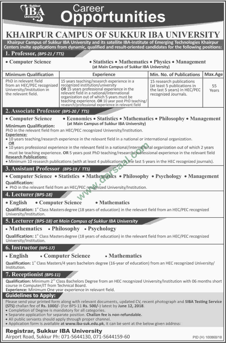 Assistant Professor, Instructor, Receptionist Jobs in Sukkur IBA University, 27 May 2018