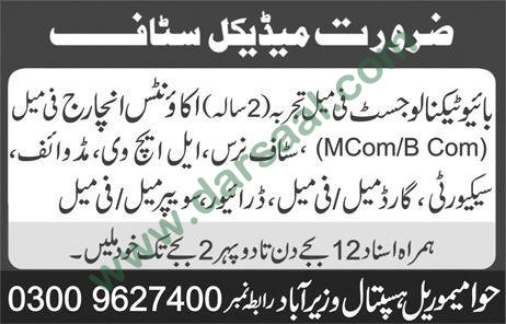 Biotechnologist, Midwife, Nurse, Security Guard Jobs in Hawa Memorial Hospital Wazirabad, 27 May 2018