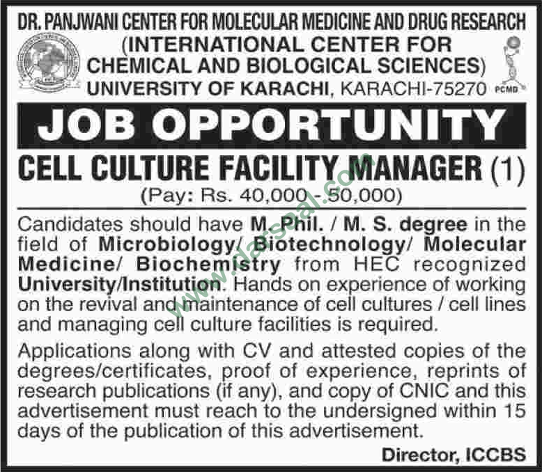 Manager Job in University of Karachi, 27 May 2018