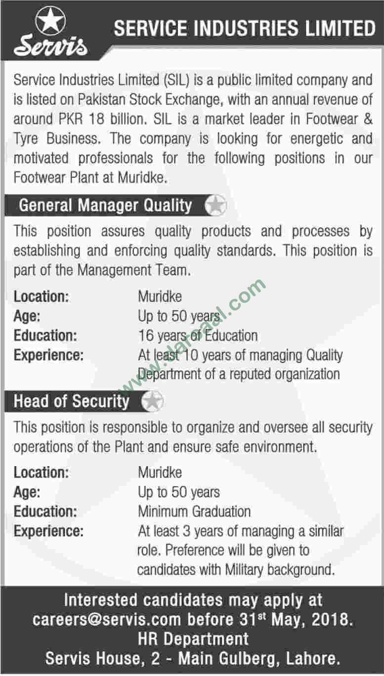 General Manager & Head of Security Jobs in Service Industries Limited, Lahore 27 May 2018