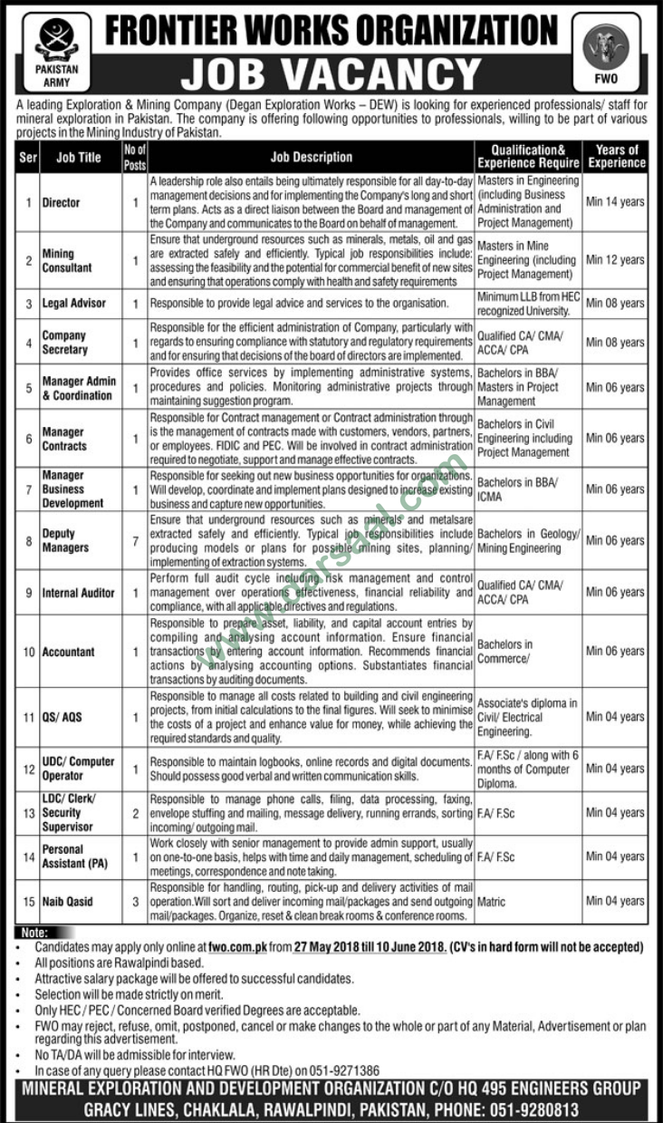 Legal Advisor, Secretary, Deputy Manager Jobs in Frontier Works Organization, Rawalpindi 27 May 2018