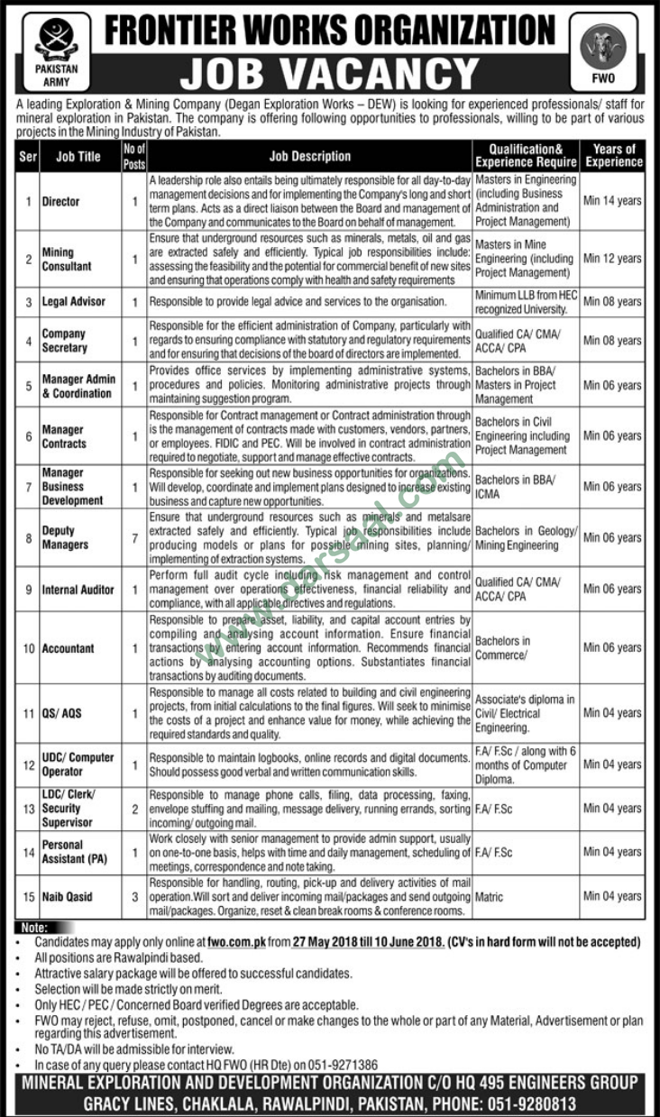 Computer Operator, Security Supervisor, Personal Assistant Jobs in Frontier Works Organization, Rawalpindi 27 May 2018
