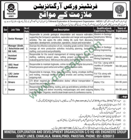 Runner, Driver, Manager Jobs in Frontier Works Organization Rawalpindi, 27 May 2018