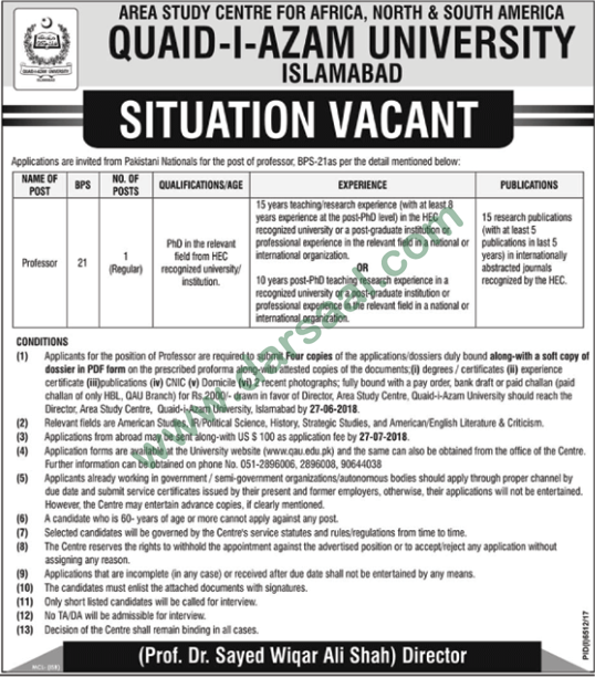 Professor Jobs in Quaid-i-Azam University Islamabad, 27 May 2018