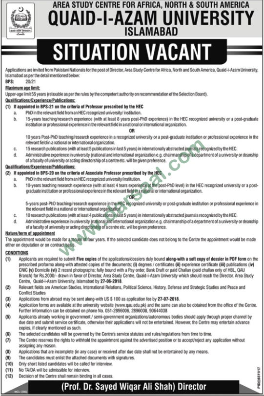 Associate Professor, Professor Jobs in Quaid-i-Azam University Islamabad, 27 May 2018