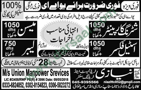 Labour, Shuttering Carpenter, Mason, Steel Fixer Jobs in UAE, 27 May 2018
