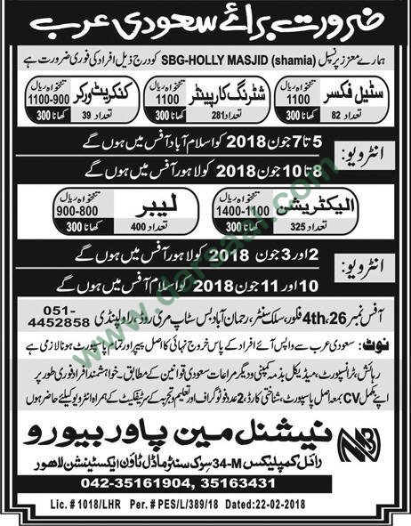 Labour, Shuttering Carpenter, Electrician, Steel Fixer Jobs in Saudi Arabia 27 May 2018