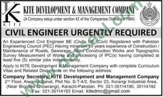 Civil Engineer Job in Kite Development & Management Company, Karachi 27 May 2018
