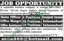 Sales Manager, Office Assistant, Office Manager Jobs in Islamabad, 27 May 2018