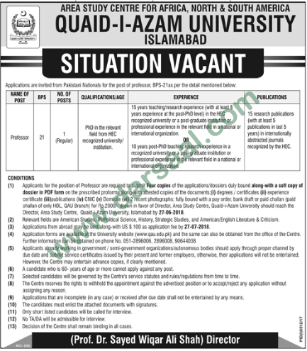 Professor Job in Quaid I Azam University, Islamabad 27 May 2018