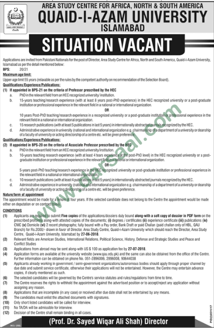 Jobs in Quaid I Azam University, Islamabad 27 May 2018