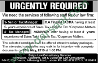 Tax Manager, Senior Tax Manager Jobs in Lahore, 27 May 2018
