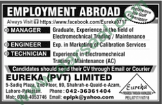 Manager, Technician, Engineer Jobs in Lahore, 27 May 2018