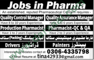 Pharmacist, Driver, Packing Jobs in Lahore, 27 May 2018