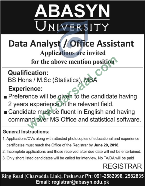 Data Analyst, Office Assistant Jobs in Abasyn University, Peshawar 06 June 2018