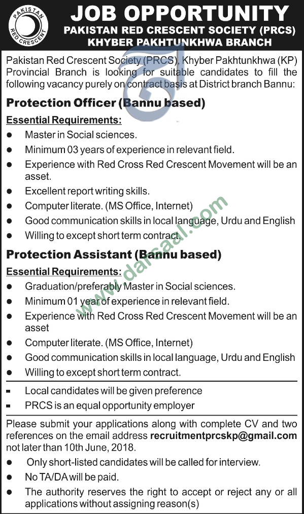 Protection Officer, Assistant Protection Officer Jobs in Pakistan Red Crescent, Bannu 06 June 2018