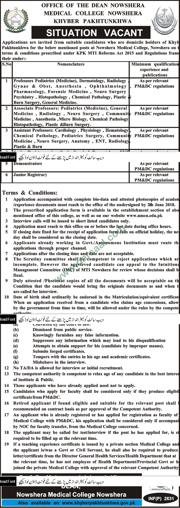 Senior Registrar, Demonstrator, Junior Registrar Jobs in Nowshera Medical College, 06 June 2018