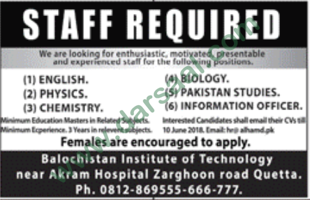 Teachers Jobs in Balochistan Institute of Technology, Quetta 06 June 2018