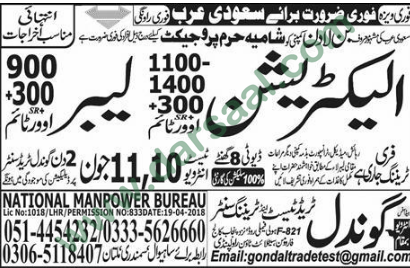 Labour, electrician Jobs in Saudi Arabia, 06 June 2018
