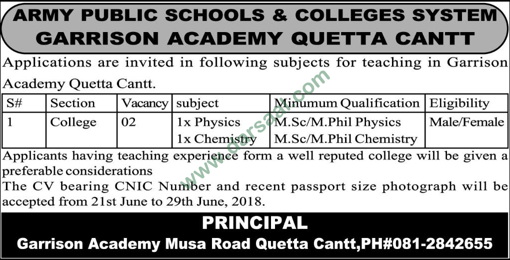 Teachers Jobs in Army Public School & College, Quetta 11 June 2018