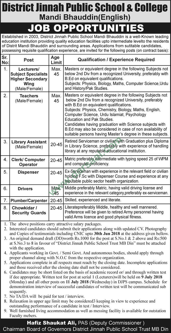 Computer Operator, Dispenser, Driver, Chowkidar, Carpenter Jobs in District Jinnah Public School and College, Mandi Bahauddin 13 June 2018