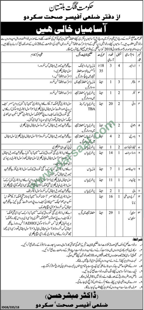 Driver, Cook, Chowkidar, Ward Servant, Naib Qasid, Mali Jobs in Gilgit, 14 June 2018