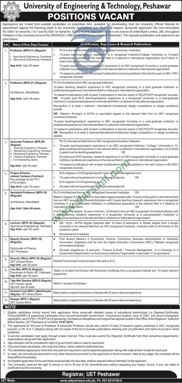 Professor, Associate Professor, Project Director, Cook Jobs in University of Engineering & Technology, Peshawar 27 June 2018
