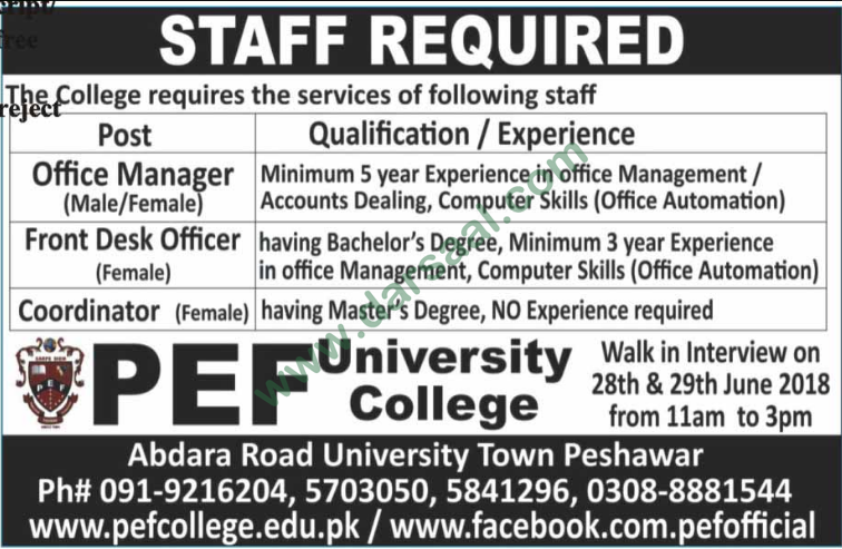Coordinator, Front Desk Officer, Office Manager Jobs in PEF University College, Peshawar 27 June 2018