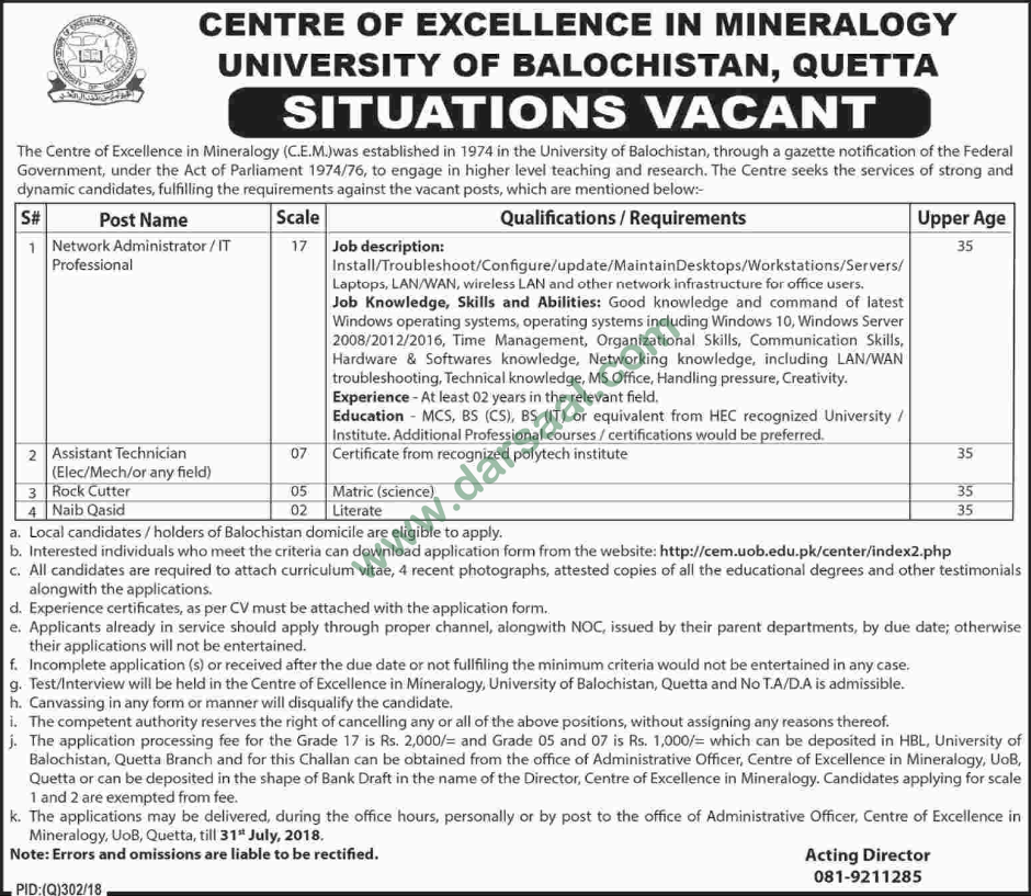 IT Professional, Assistant Technician, Naib Qasid Jobs in University of Balochistan, Quetta 27 June 2018