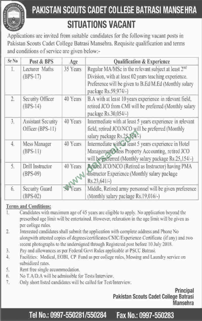 Lecturer, Security Officer, Instructor, Security Guard Jobs in Cadet College, Mansehra 27 June 2018