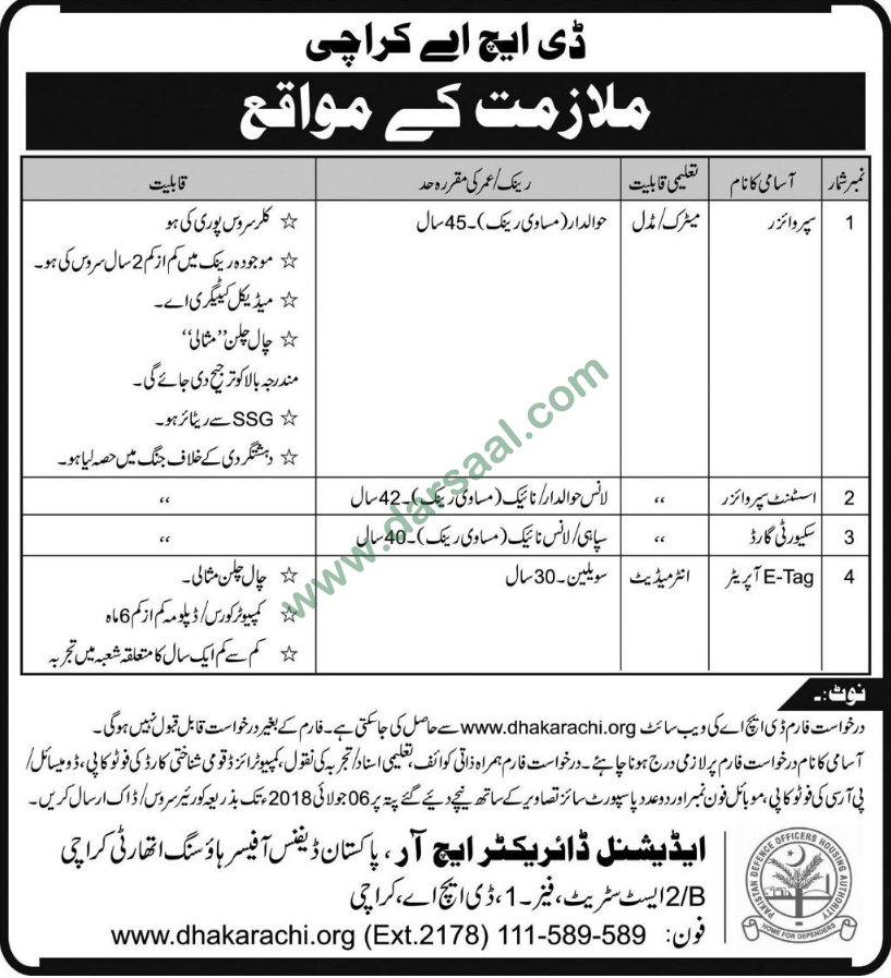 Supervisor, Security Guard, Assistant Supervisor Jobs in Defence Housing Authority, Karachi 27 June 2018