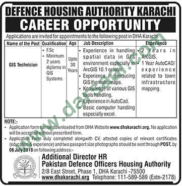 GIS Technician Job in Defense Housing Authority, Karachi 27 June 2018