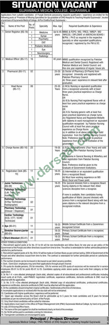 Registrar, Medical Officer, Pharmacist, Charge Nurse Jobs in Gujranwala Medical College, 27 June 2018