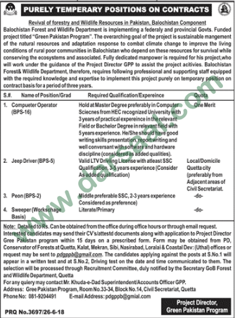 Computer Operator, Driver, Peon, Sweeper Jobs in Green Pakistan Programme, Quetta 27 June 2018