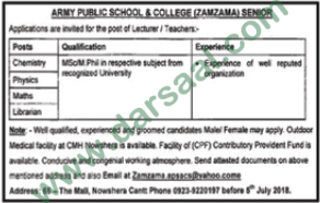Lecturer, Teachers Jobs in Army Public School & College, Nowshera 27 June 2018