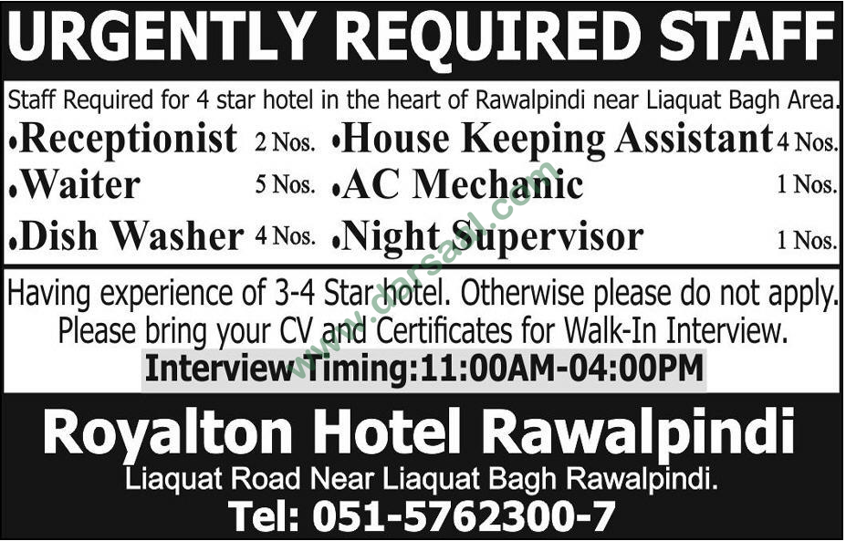 Receptionist, Housekeeper, Supervisor, AC Mechanic, Waiter, Dishwasher Jobs in 4Star Hotel, Rawalpindi 27 June 2018