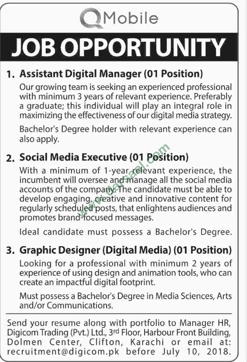 Assistant Manager, Graphic Designer, Social Media Executive Jobs in QMobile, Karachi 29 June 2018