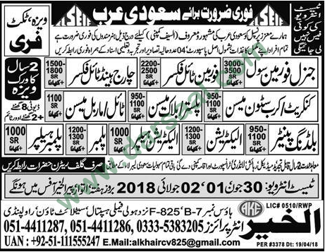 Civil Foreman, Tile Fixer, Mason, Electrician, Plumber Jobs in Saudi Arabia, 29 June 2018