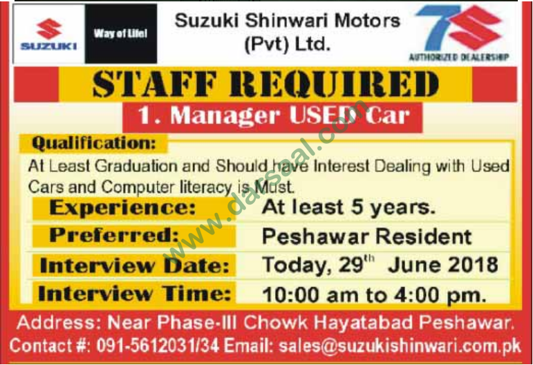 Manager Job in Suzuki Motors, Peshawar 29 June 2018