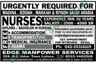 Nursing Jobs in Saudi Arabia, 08 July 2018