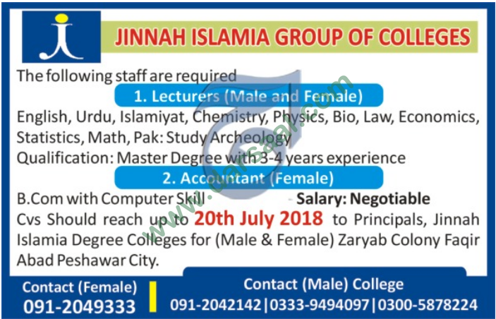 Accountant, Lecturer Jobs in Jinnah Islamia Group of College, Peshawar 13 July 2018