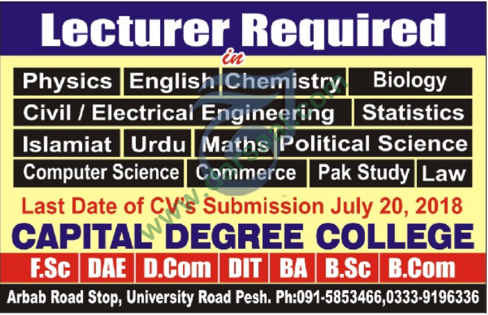 Lecturer Jobs in Capital Degree College, Peshawar 13 July 2018