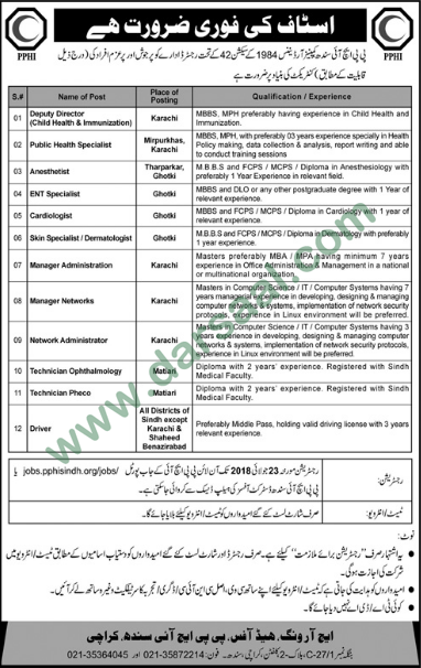 Deputy Director, Cardiologist, Manager, Technician, Driver Jobs in PPHI Sindh Companies Ordinance, Karachi 13 July 2018