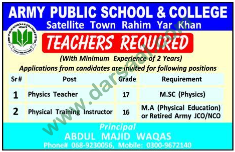 Teachers Jobs in Army Public School & College, Rahim Yar Khan 13 July 2018