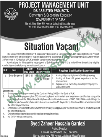 Sub Engineer Job in Govt. of AJK, Muzaffarabad 13 July 2018