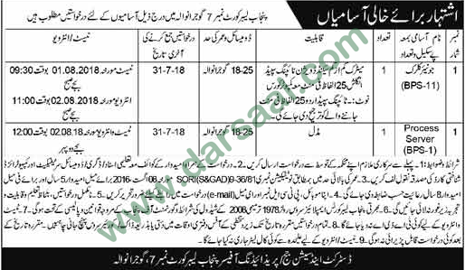Process Server, Clerk Jobs in Punjab Labour Court, Gujranwala 13 July 2018