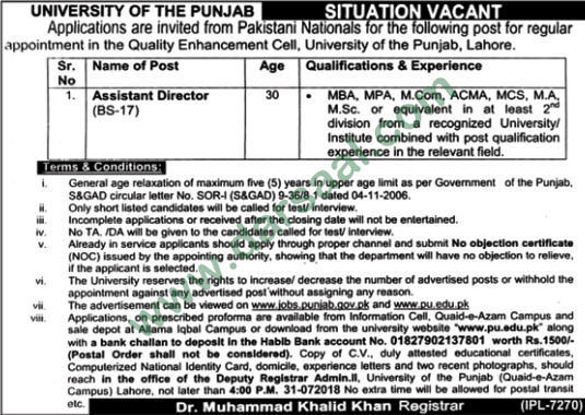 Assistant Director Job in University of Punjab, Lahore 13 July 2018